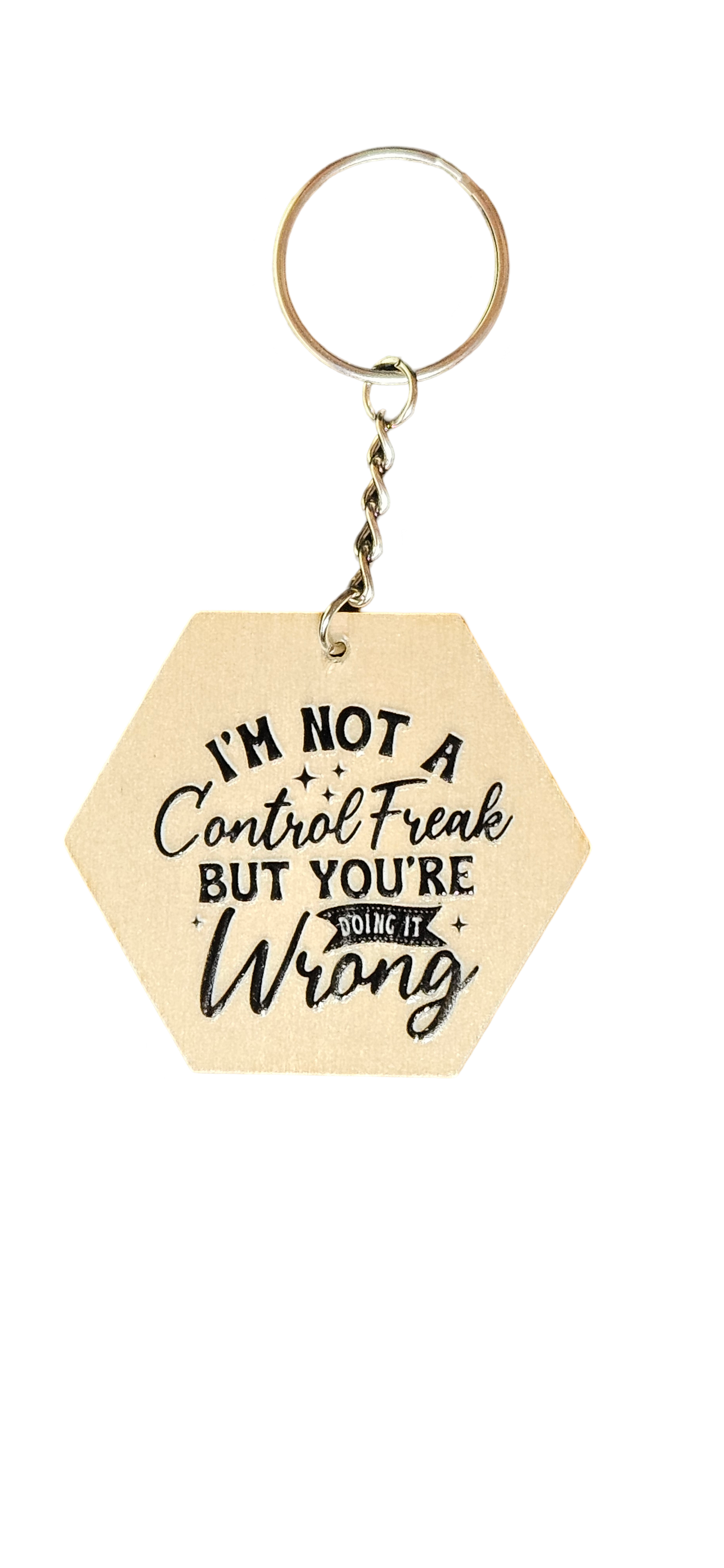 Witty Wooden Keychain – "I'm Not a Control Freak"