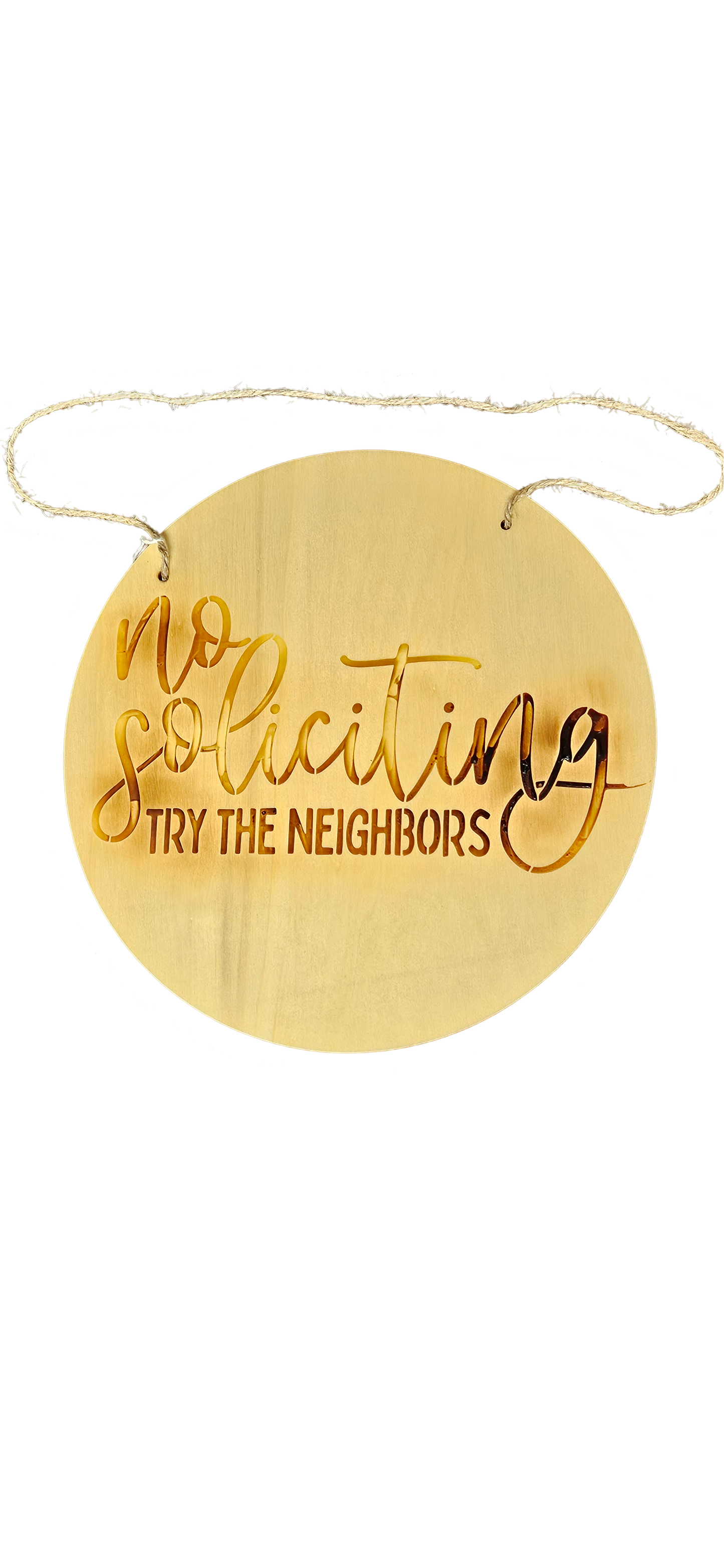 No Soliciting Wooden Door Sign – "Try the Neighbors"